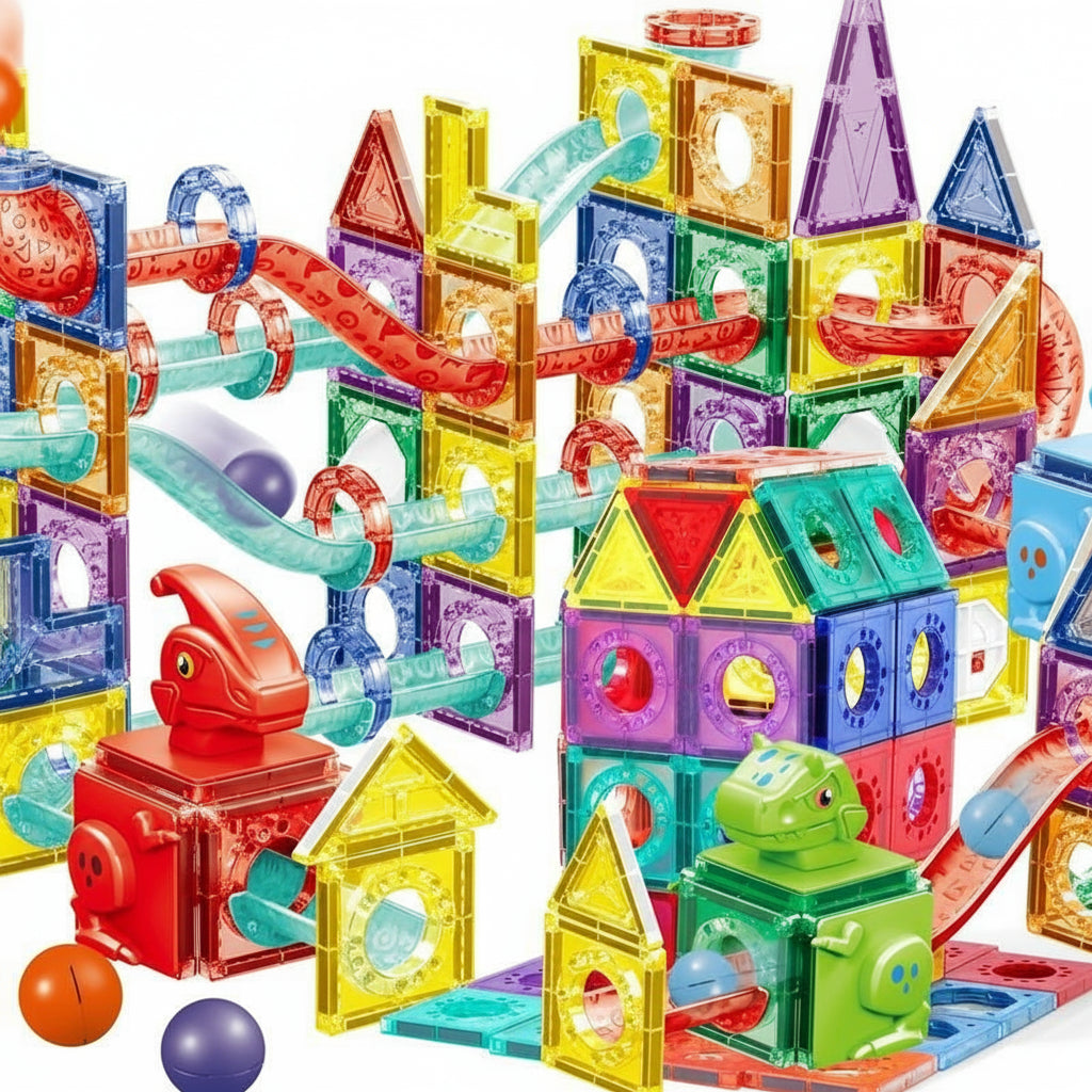 NETNEW 170 Pcs Dinosaur Race Track Magnetic Building Tiles STEM Educational Construction Blocks Montessori Magnet Tiles Set 4D Diamond Cut Design 64PCS Dinosaur Magnetic Tiles + 106PCS Accessories