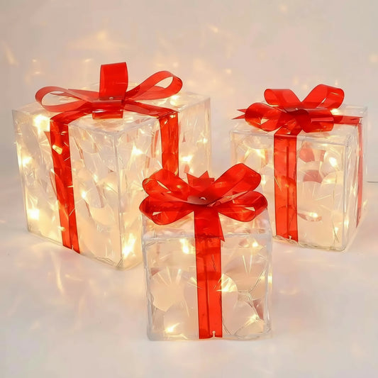 Christmas Glowing Gifts Box Decoration Ornament with Bow Lighting Box Outdoor Light Lighting Xmas New Year 2024 Home Yard Decor
