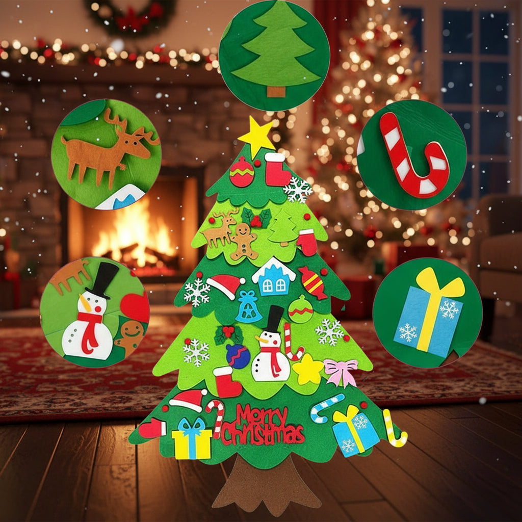 Eco-Friendly Felt Christmas Tree with Ornaments, DIY Kids Educational Toy, Xmas Decoration Gift, Reusable, Compatible with LED String Lights