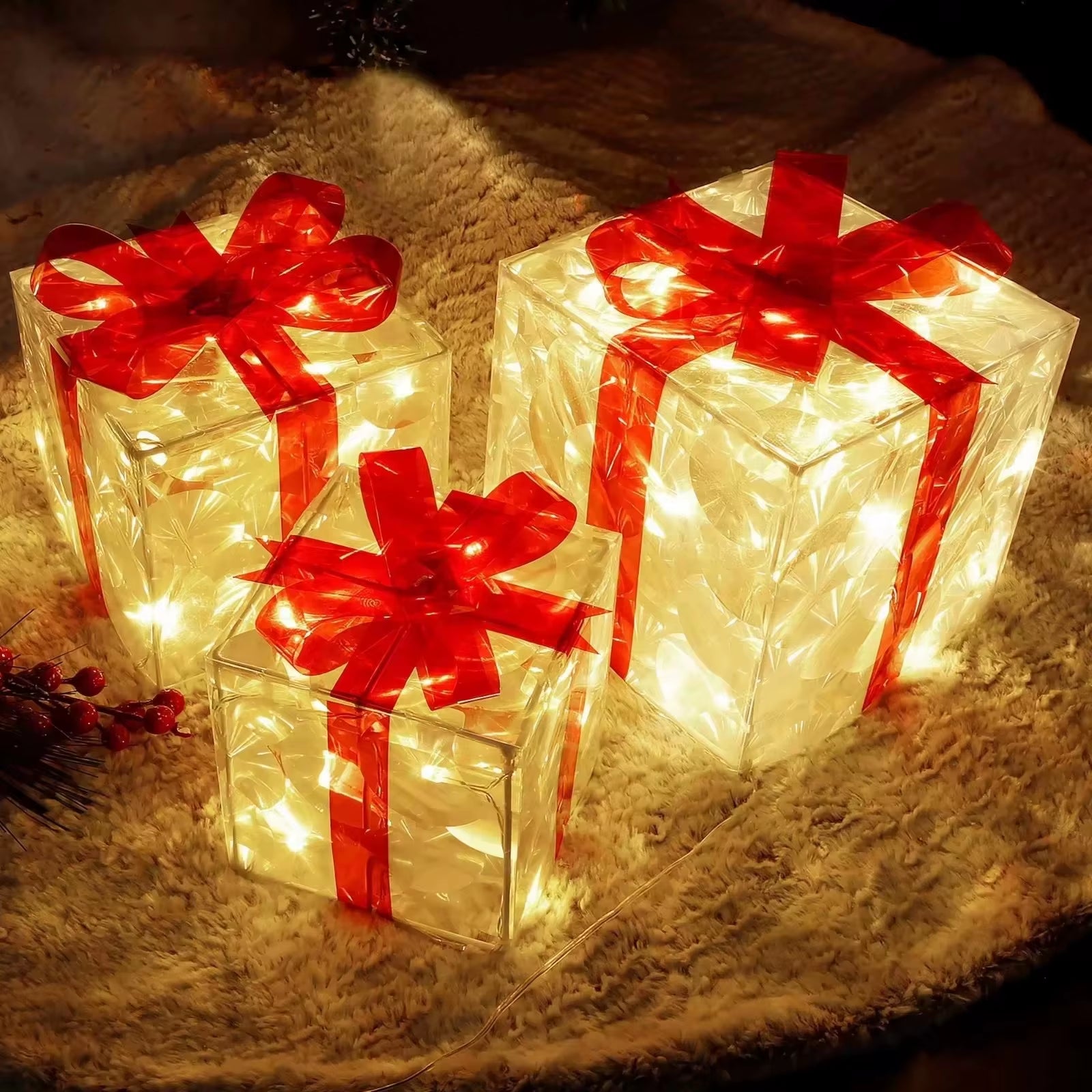 Christmas Glowing Gifts Box Decoration Ornament with Bow Lighting Box Outdoor Light Lighting Xmas New Year 2024 Home Yard Decor