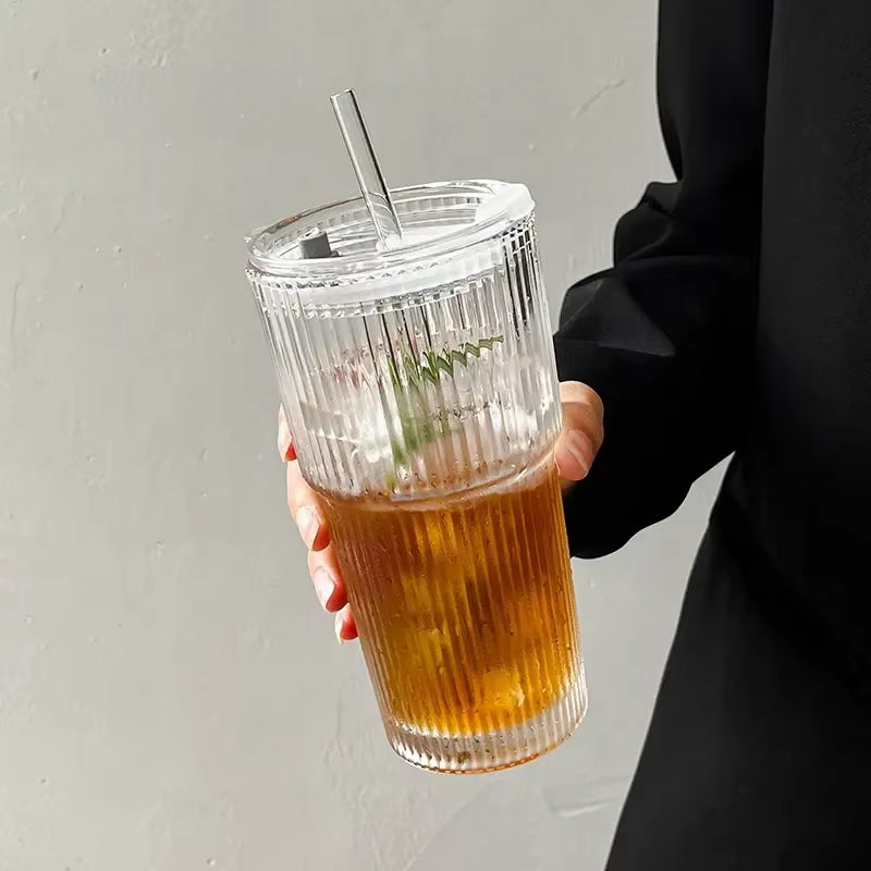 🥤Vaso de Cristal Transparente con Tapa y Pajita